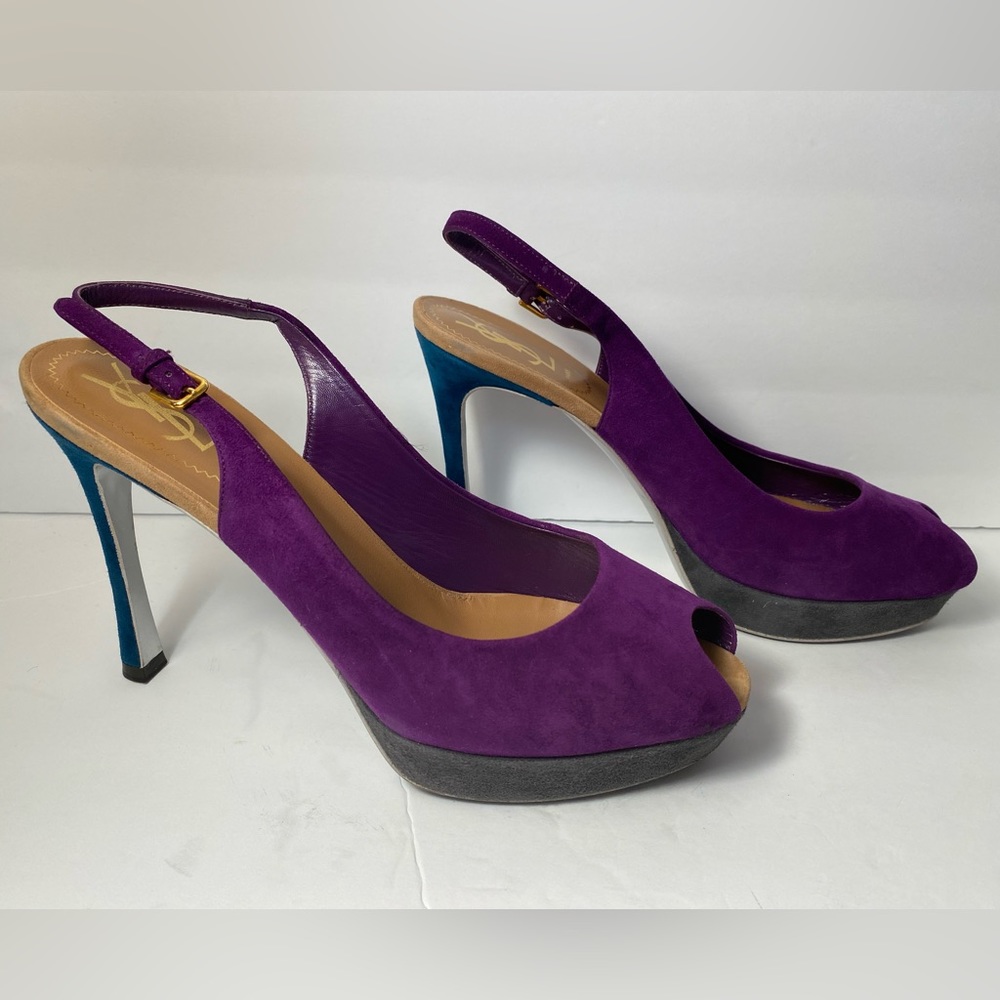 YSL Yves Saint Laurent Suede Pumps Sandals Heels slingback purple 40 - Picture 2 of 11